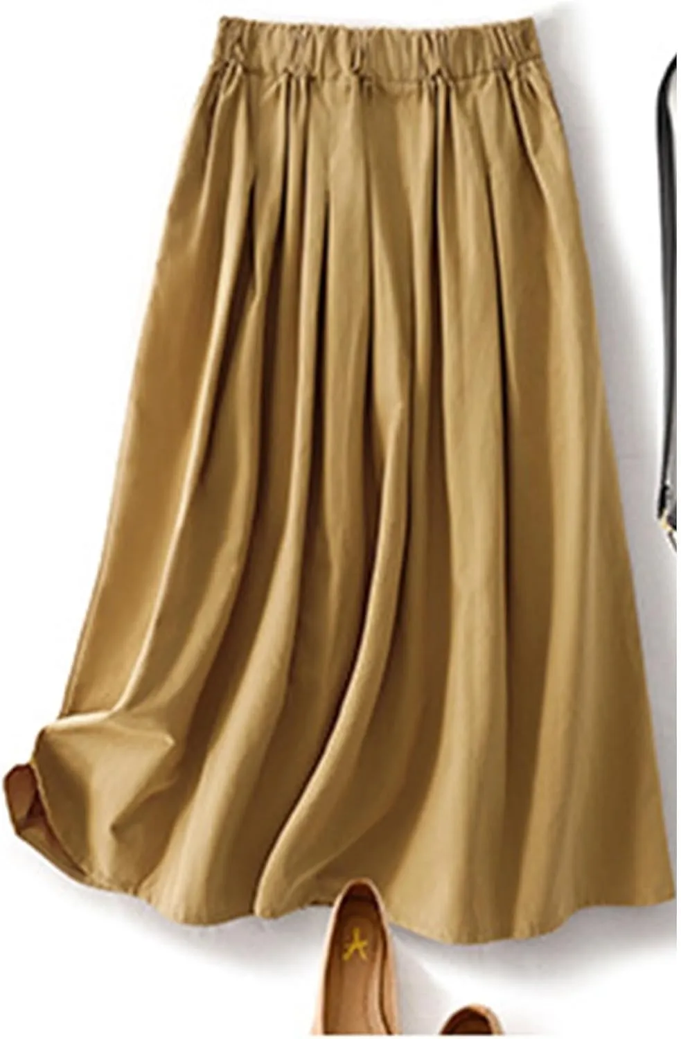 Women's Cotton Basic Midi Skirts Summer Casual Elastic High Waist Flowy A-Line Skirts Boho Swing Pleated Beach Skirt
