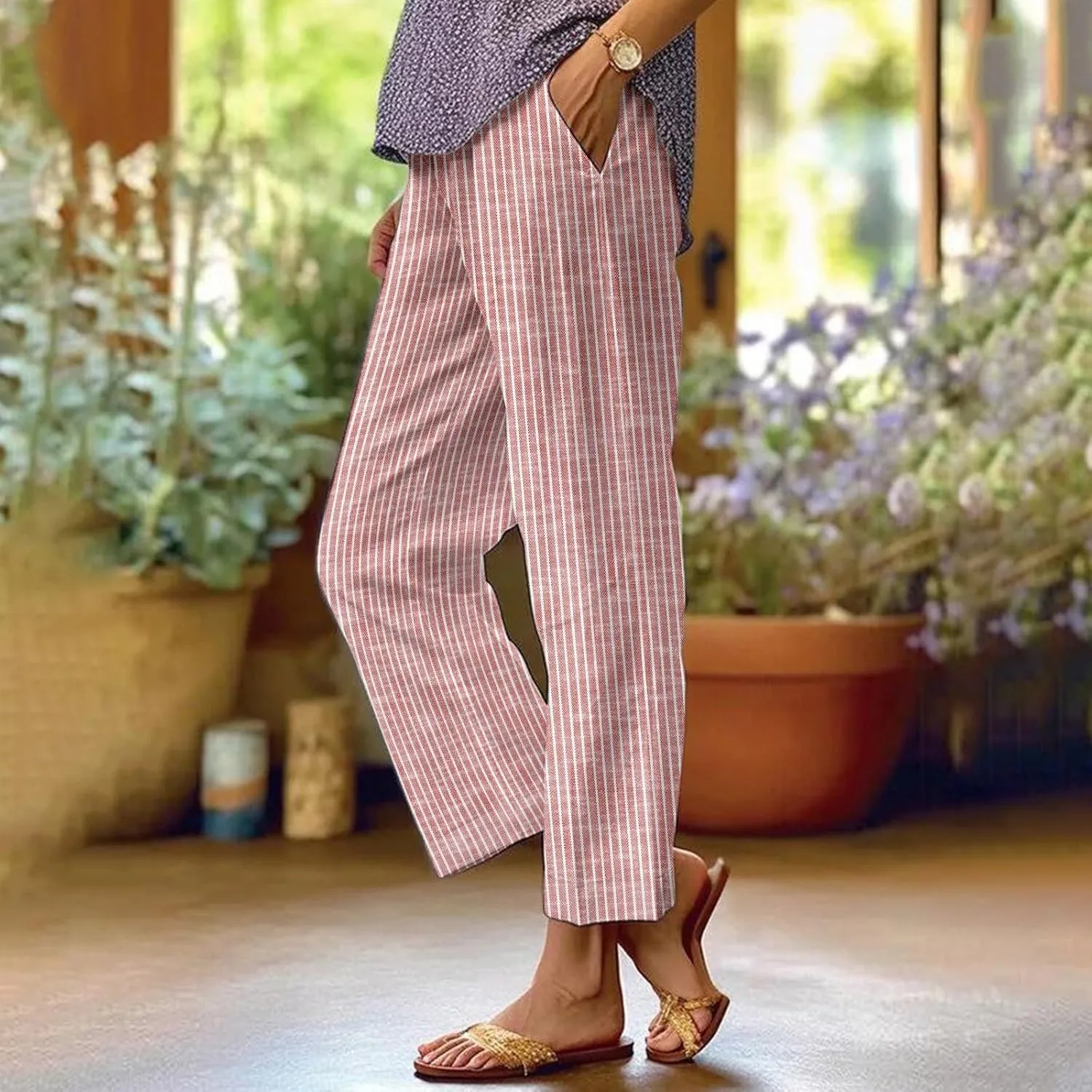 Women's Cotton Linen Capris Pants Elastic Waisted Drawstring Summer Casual Stripe Cropped Trousers Beach Baggy Slacks