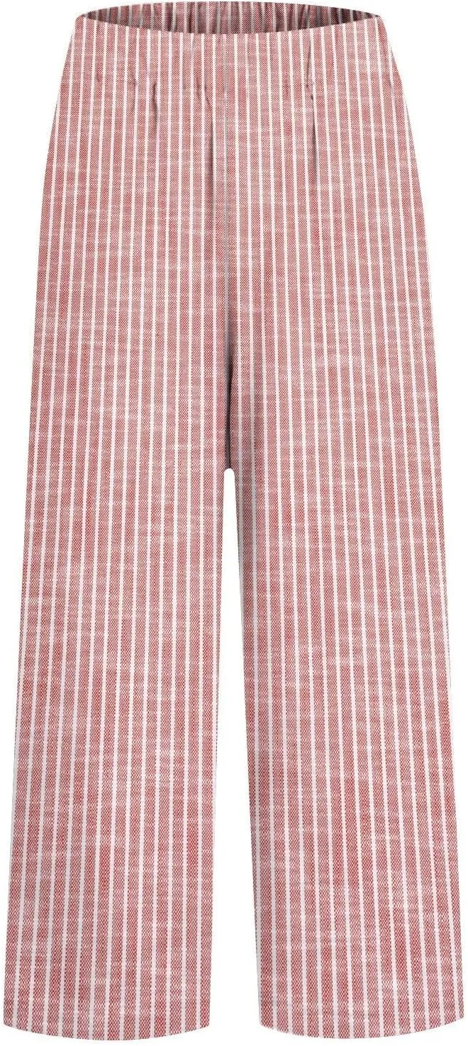 Women's Cotton Linen Capris Pants Elastic Waisted Drawstring Summer Casual Stripe Cropped Trousers Beach Baggy Slacks