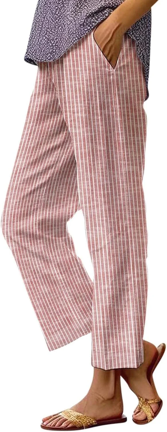 Women's Cotton Linen Capris Pants Elastic Waisted Drawstring Summer Casual Stripe Cropped Trousers Beach Baggy Slacks