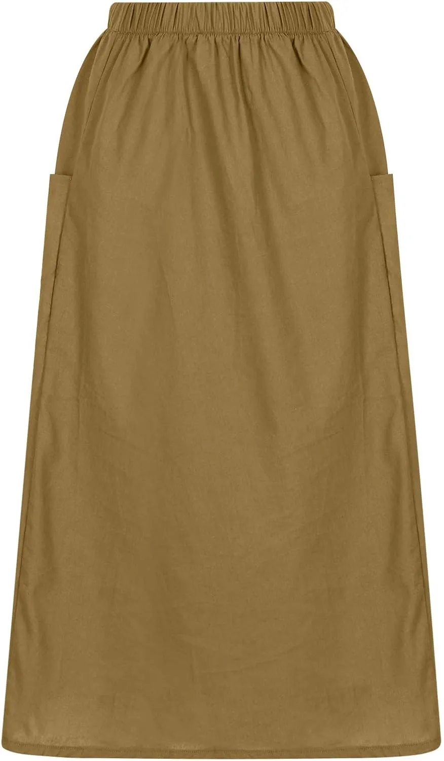 Women's Cotton Linen Midi Skirts Boho High Elastic Waist A Line Pleated Flowy Swing Long Skirts with Pockets