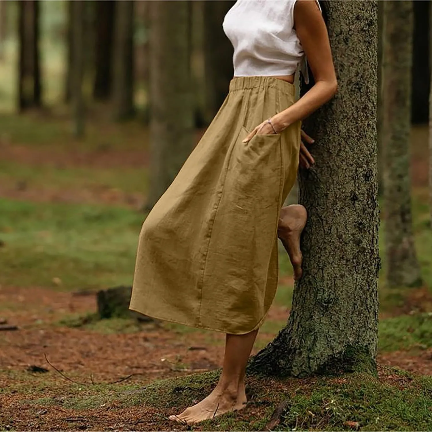 Women's Cotton Linen Midi Skirts Boho High Elastic Waist A Line Pleated Flowy Swing Long Skirts with Pockets