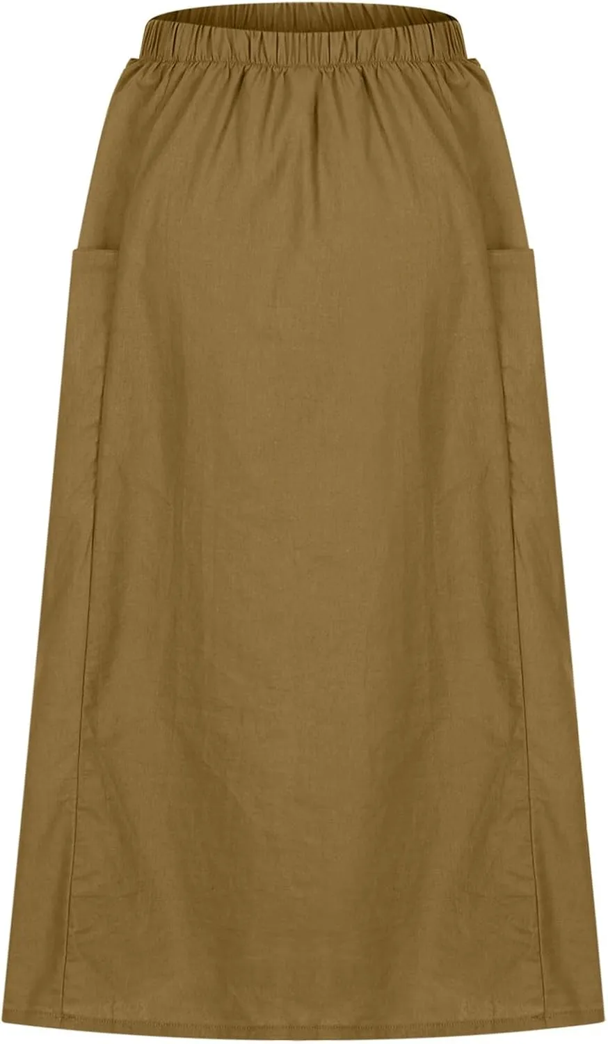 Women's Cotton Linen Midi Skirts Boho High Elastic Waist A Line Pleated Flowy Swing Long Skirts with Pockets