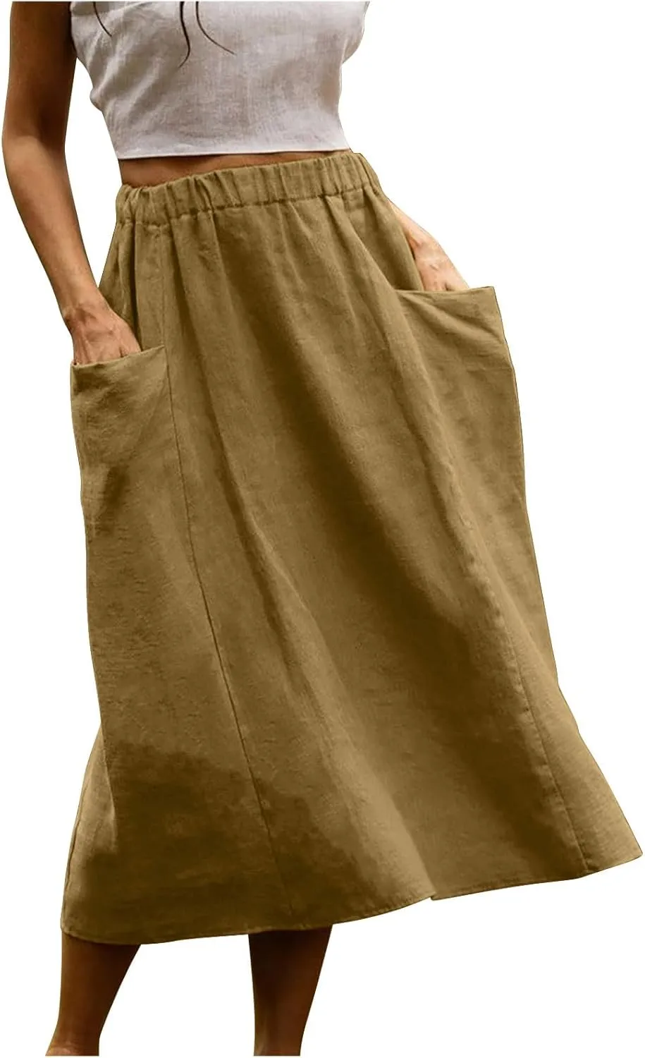 Women's Cotton Linen Midi Skirts Boho High Elastic Waist A Line Pleated Flowy Swing Long Skirts with Pockets
