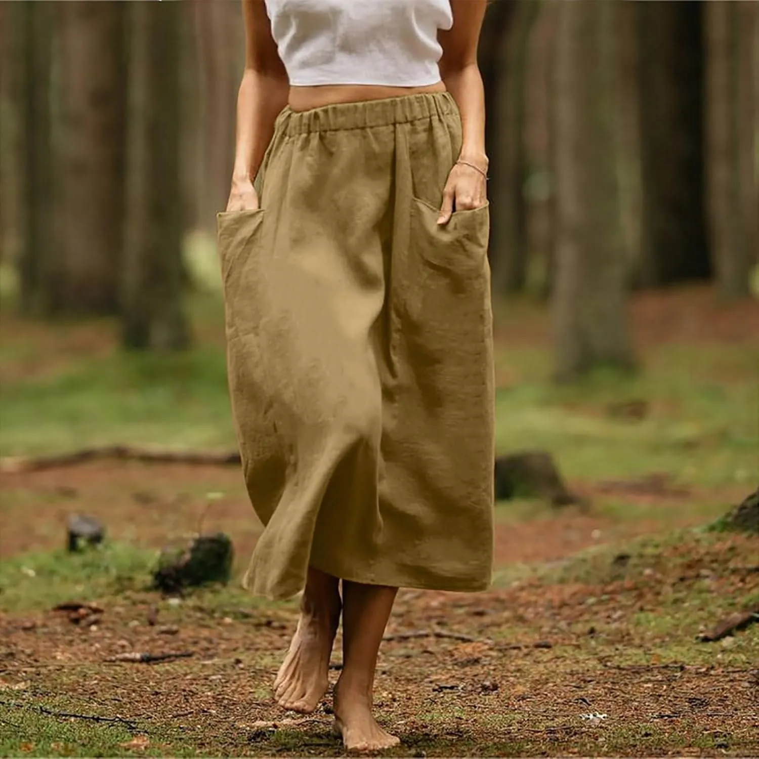 Women's Cotton Linen Midi Skirts Boho High Elastic Waist A Line Pleated Flowy Swing Long Skirts with Pockets