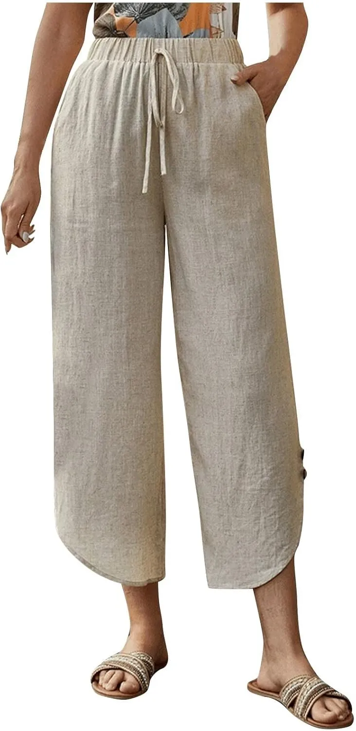 Womens Cotton Linen Palazzo Pants with Drawstring Elastic Waist, Casual Wide Leg Trousers, Summer Beach Pants with Pockets