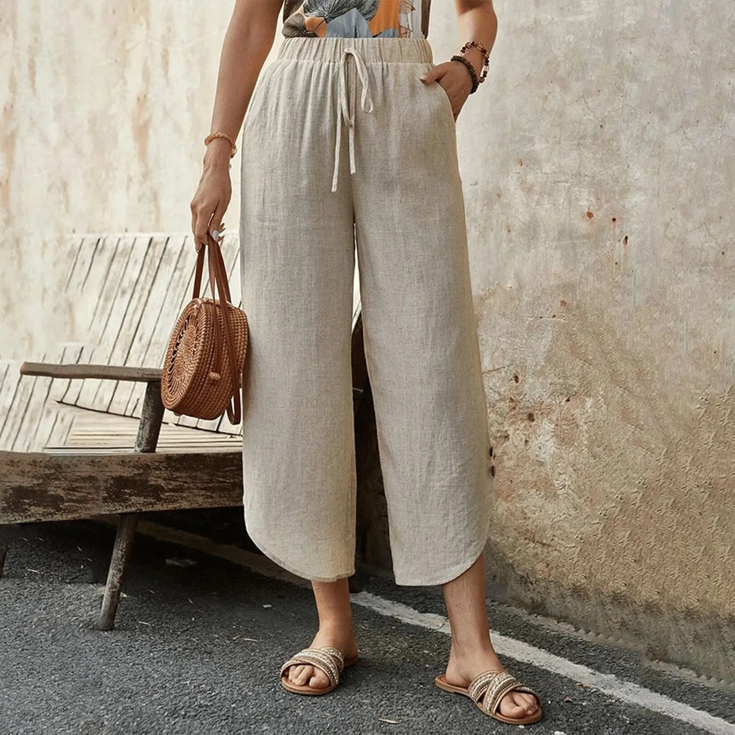 Womens Cotton Linen Palazzo Pants with Drawstring Elastic Waist, Casual Wide Leg Trousers, Summer Beach Pants with Pockets