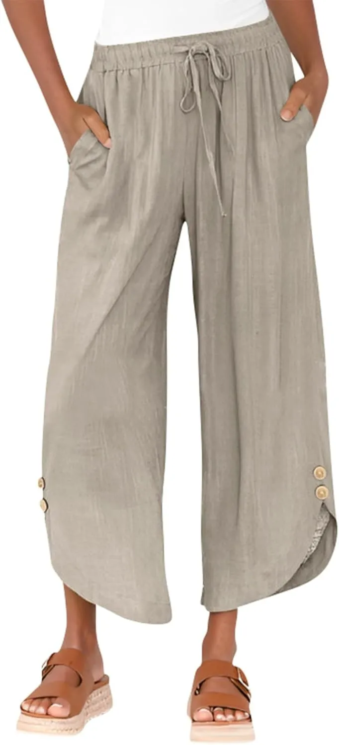 Womens Cotton Linen Palazzo Pants with Drawstring Elastic Waist, Casual Wide Leg Trousers, Summer Beach Pants with Pockets