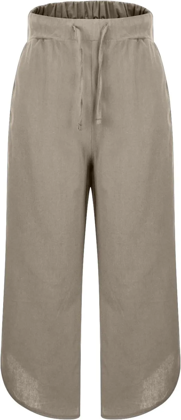 Womens Cotton Linen Palazzo Pants with Drawstring Elastic Waist, Casual Wide Leg Trousers, Summer Beach Pants with Pockets