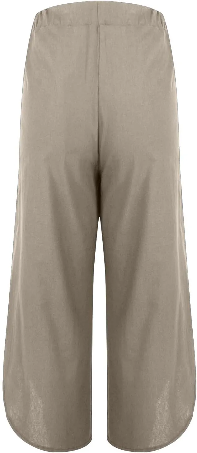 Womens Cotton Linen Palazzo Pants with Drawstring Elastic Waist, Casual Wide Leg Trousers, Summer Beach Pants with Pockets