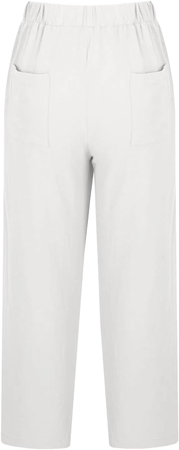 Womens Cotton Linen Pants 2025 Summer Wide Leg Casual Loose Pants with Pocket Drawstring High Waist Palazzo Trousers