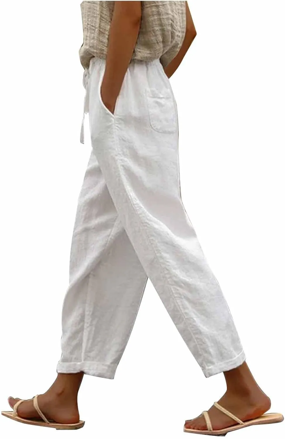 Womens Cotton Linen Pants 2025 Summer Wide Leg Casual Loose Pants with Pocket Drawstring High Waist Palazzo Trousers