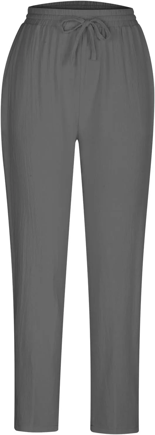 Women's Cotton Linen Tapered Pants Fashion Drawstring Elastic Waist Trousers Beach Casual Pant Vacation Travel Outfit