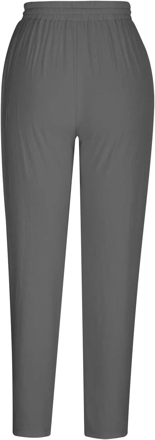 Women's Cotton Linen Tapered Pants Fashion Drawstring Elastic Waist Trousers Beach Casual Pant Vacation Travel Outfit