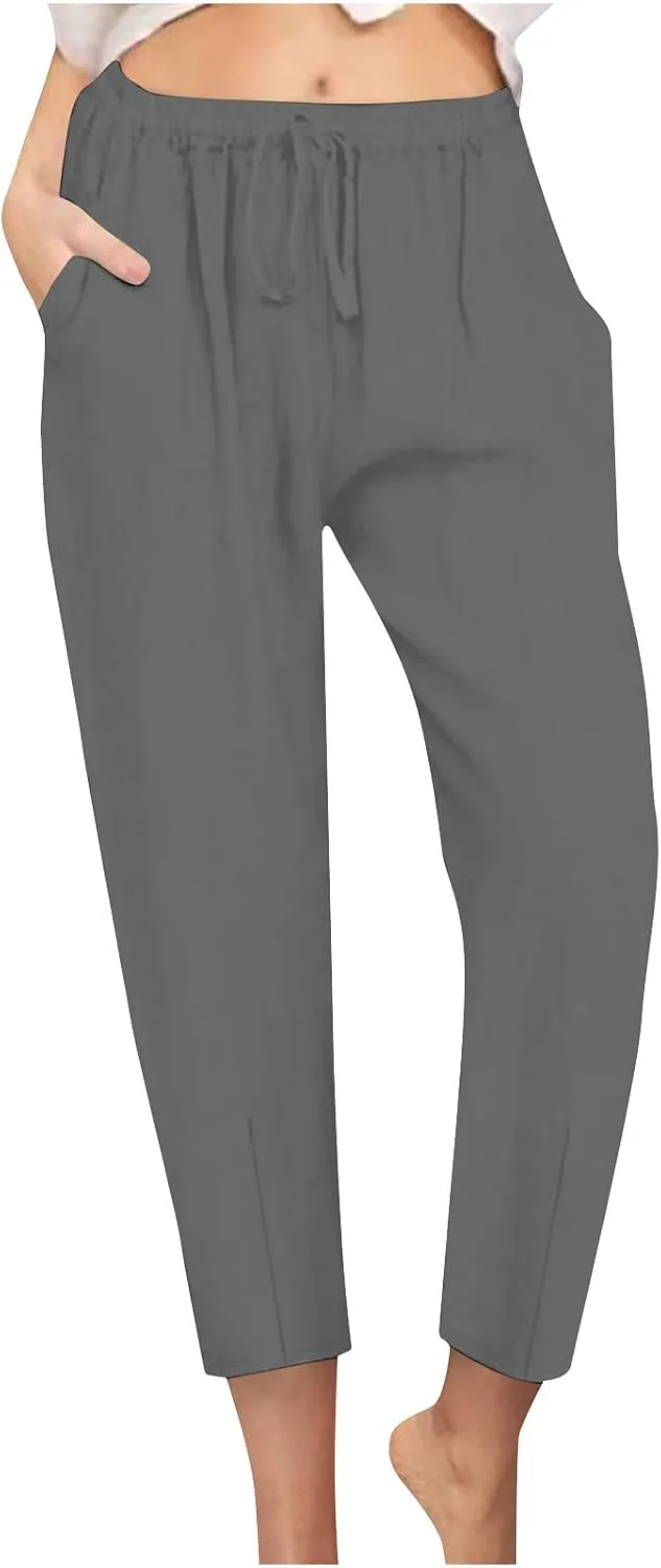 Women's Cotton Linen Tapered Pants Fashion Drawstring Elastic Waist Trousers Beach Casual Pant Vacation Travel Outfit