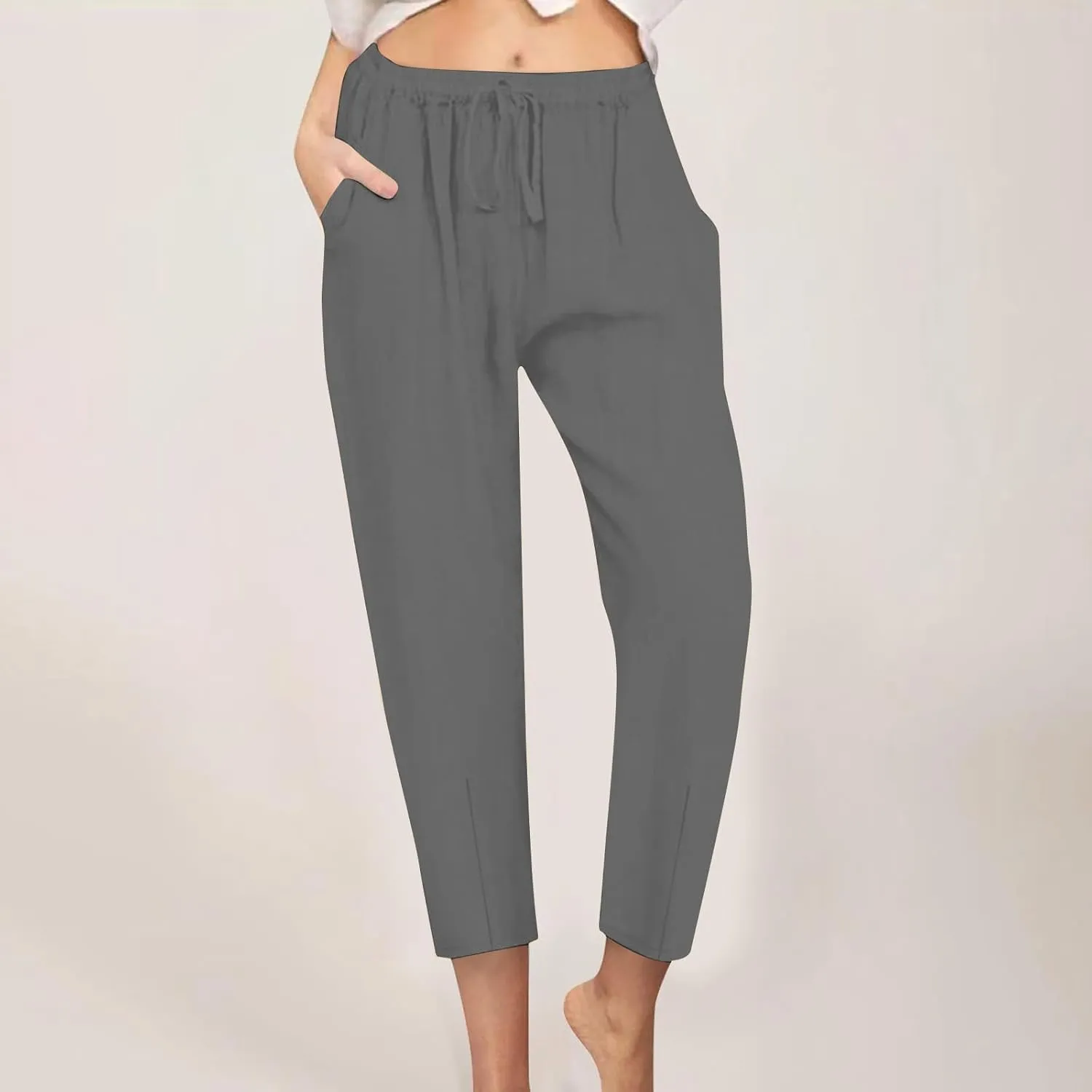 Women's Cotton Linen Tapered Pants Fashion Drawstring Elastic Waist Trousers Beach Casual Pant Vacation Travel Outfit