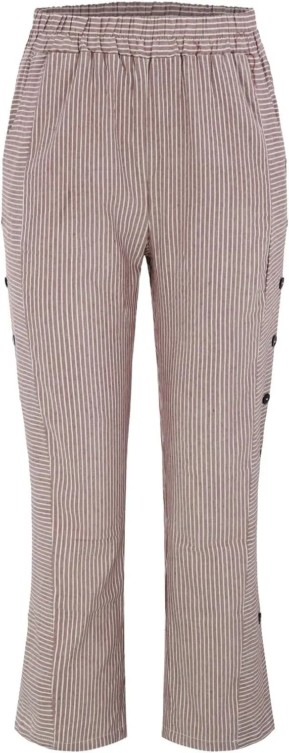 Women's Cropped Linen Pants Striped Side Button Elastic Waist Trendy Pants Straight Leg Baggy Trousers with Pockets