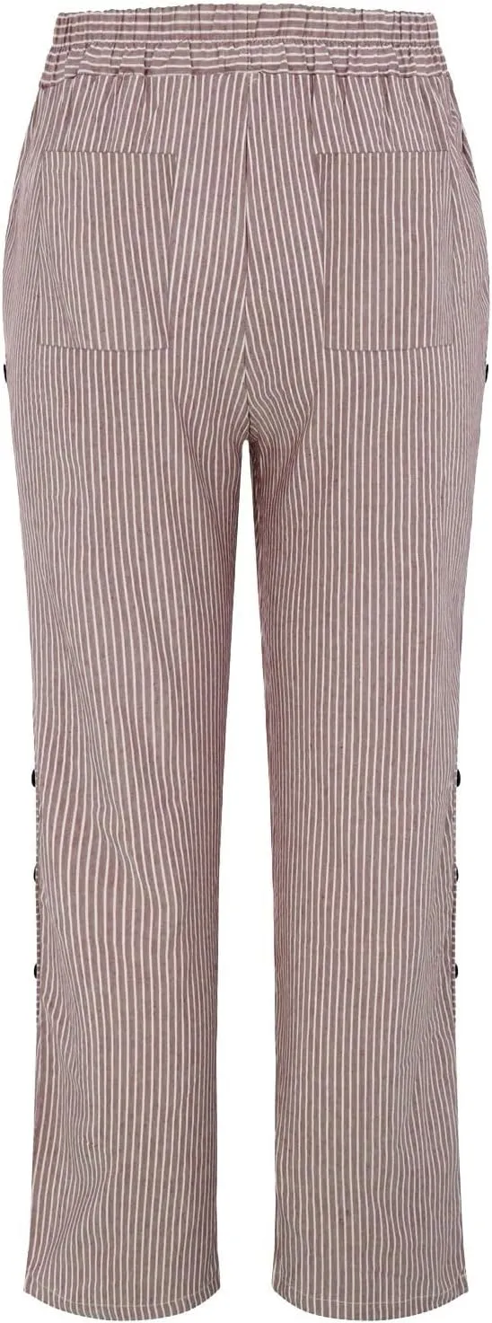 Women's Cropped Linen Pants Striped Side Button Elastic Waist Trendy Pants Straight Leg Baggy Trousers with Pockets