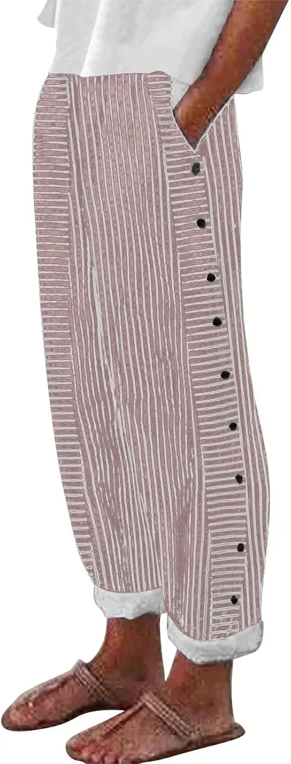 Women's Cropped Linen Pants Striped Side Button Elastic Waist Trendy Pants Straight Leg Baggy Trousers with Pockets
