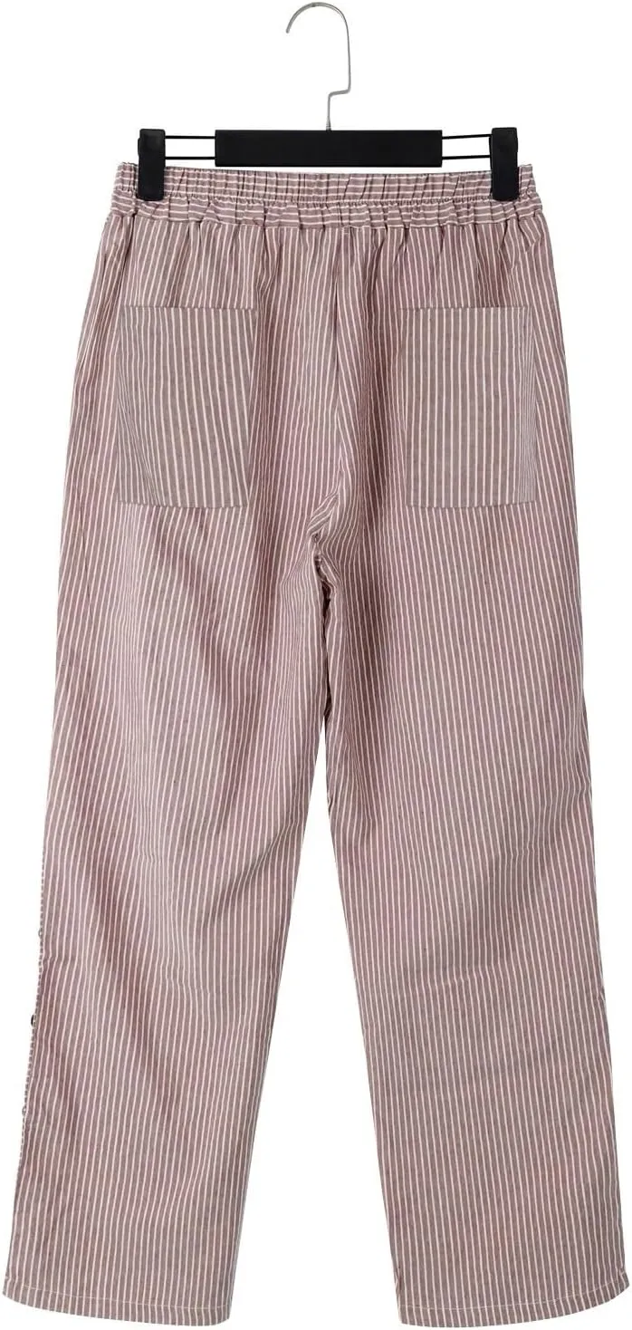 Women's Cropped Linen Pants Striped Side Button Elastic Waist Trendy Pants Straight Leg Baggy Trousers with Pockets