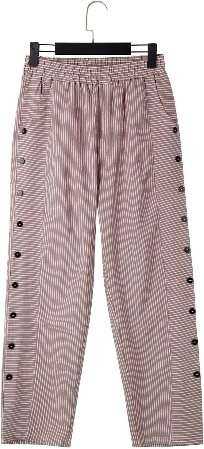 Women's Cropped Linen Pants Striped Side Button Elastic Waist Trendy Pants Straight Leg Baggy Trousers with Pockets