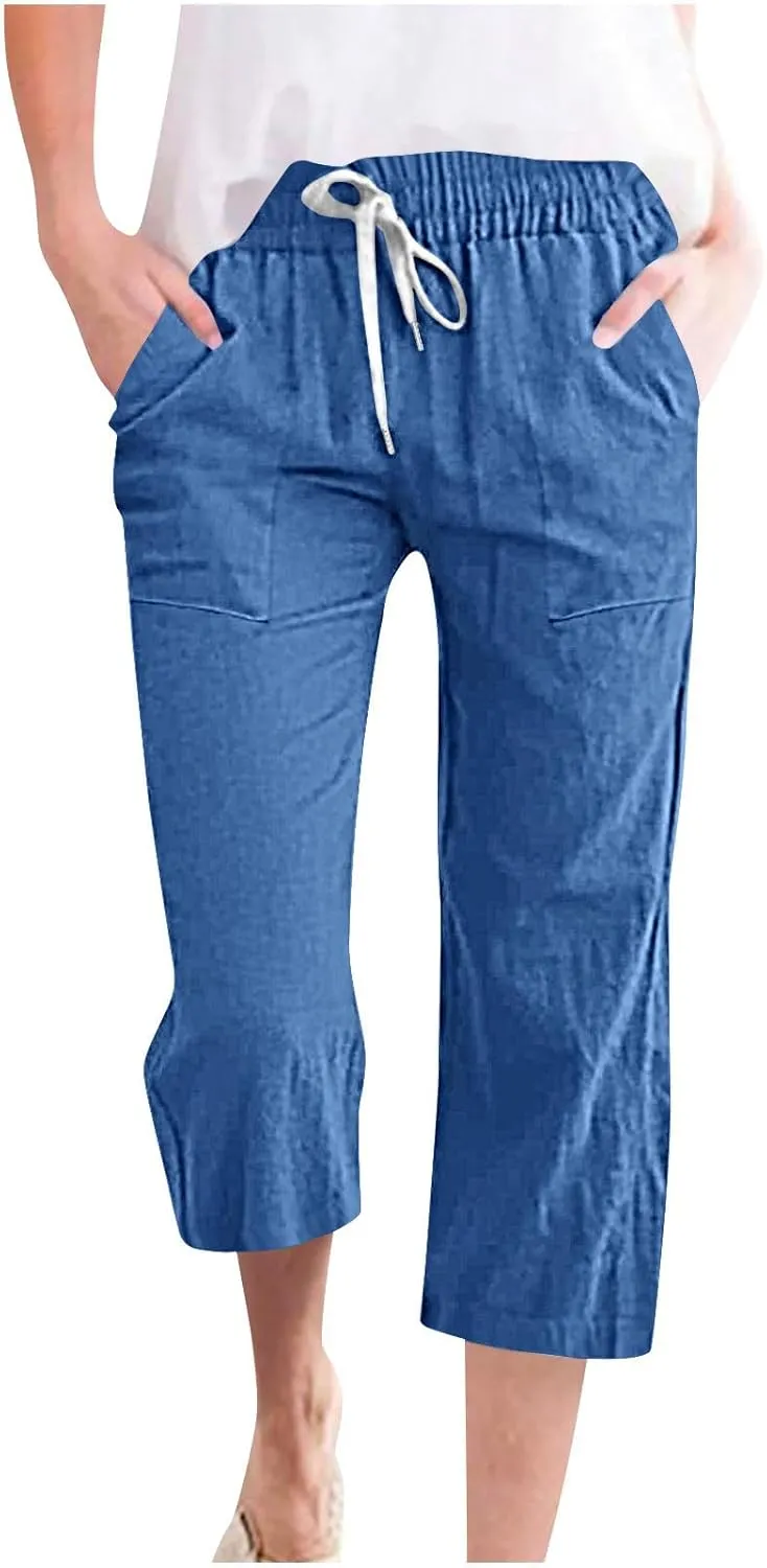 Women's Cropped Trousers Cotton and Linen High Waist Drawstring Double Pocket Summer Casual Soft Holiday Pants