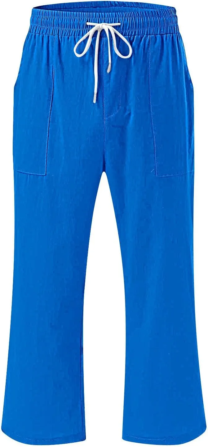 Women's Cropped Trousers Cotton and Linen High Waist Drawstring Double Pocket Summer Casual Soft Holiday Pants