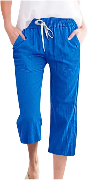 Women's Cropped Trousers Cotton and Linen High Waist Drawstring Double Pocket Summer Casual Soft Holiday Pants