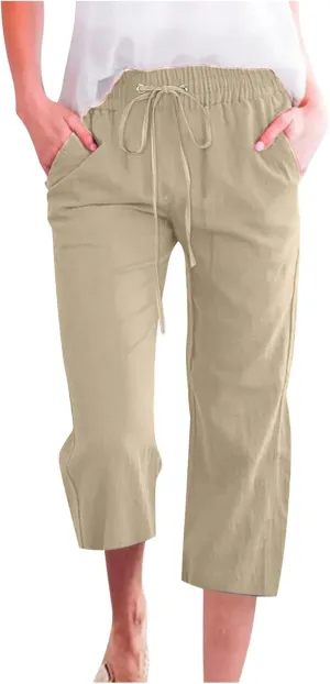 Women's Cropped Trousers Cotton and Linen High Waist Drawstring Double Pocket Summer Casual Soft Holiday Pants