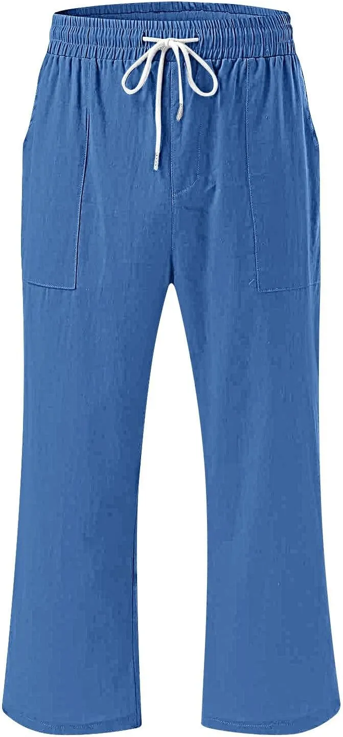 Women's Cropped Trousers Cotton and Linen High Waist Drawstring Double Pocket Summer Casual Soft Holiday Pants