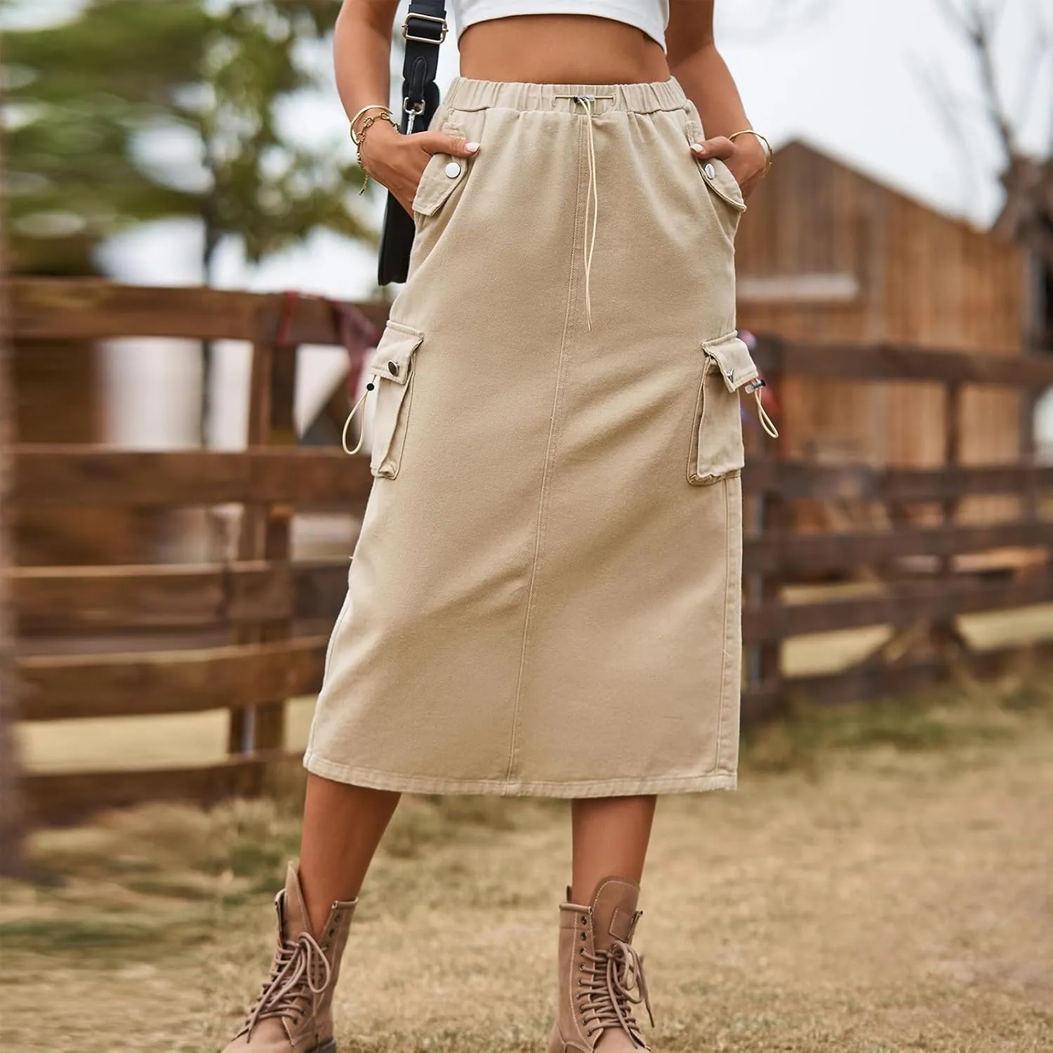 Women's Denim Cargo Long Skirts Elastic High Waisted Pencil Skirt Casual Midi Length Jean Skirt with Cargo Pockets