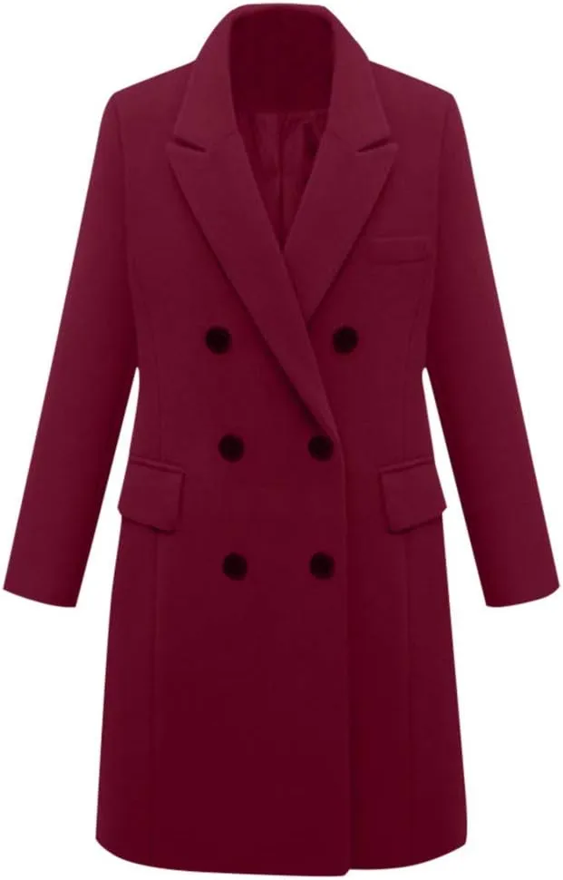 Women's Double Breasted Trench Coat Winter Windbreaker Faux Wool Coats Classic Lapel Long Sleeve Overcoat with Pockets