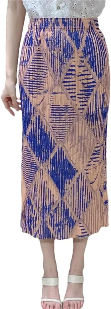 Women's Elastic Waist Pleated Skirt with Pockets Floral Print Mid-Calf Skrits