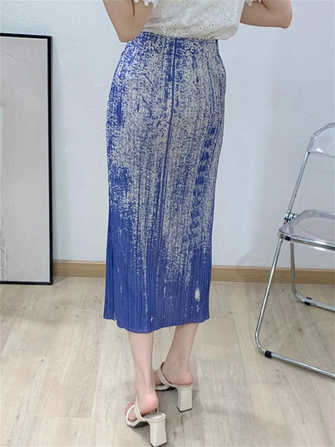Women's Elastic Waist Pleated Skirt with Pockets Floral Print Mid-Calf Skrits