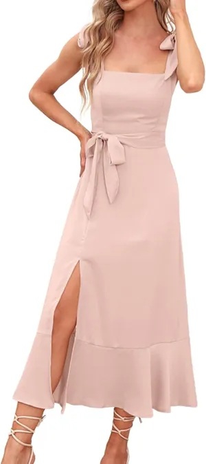 Women's Elegant Bridesmaid Dresses Square Neck Ruffle Split Midi Formal Dress for Wedding Guest Cocktail Casual