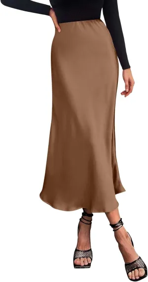 Womens Elegant Midi Skirt High Waisted Solid Satin Dress Work Skirts Party Wedding Flared A-Line Skirts