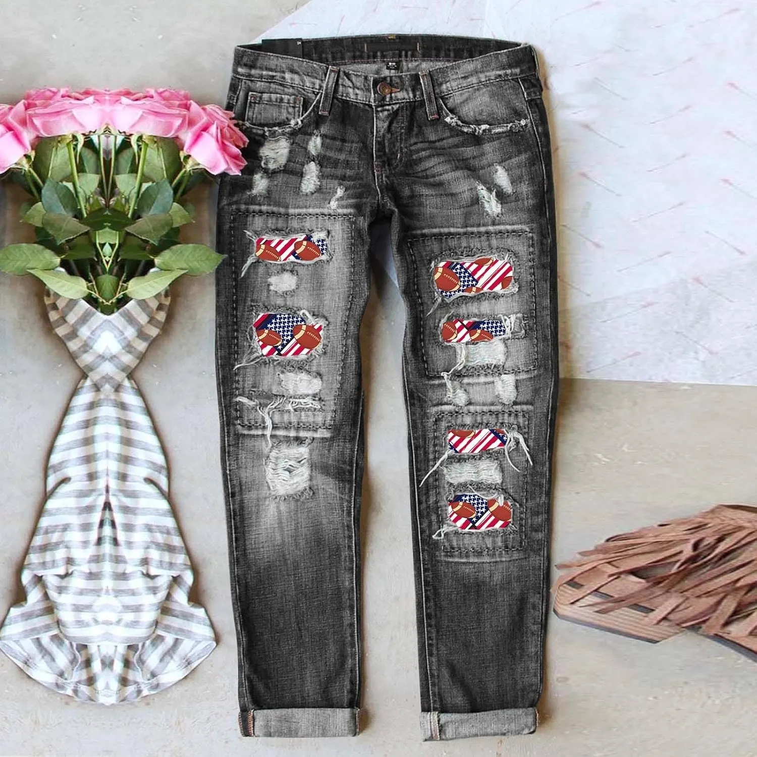 Women's Fashion Jeans 2024 Women's Fashion Football Print Jeans Print Ripped Casual Denim Pants for Women