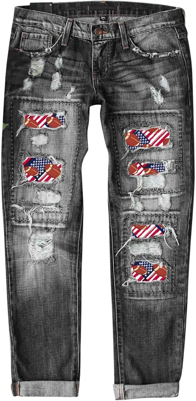 Women's Fashion Jeans 2024 Women's Fashion Football Print Jeans Print Ripped Casual Denim Pants for Women