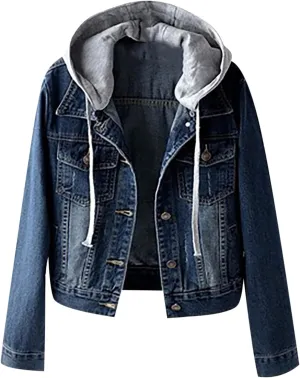 Women's Fleece Lined Denim Jacket Fuzzy Button Long Sleeve Short Coat 2024 Winter Warm Hooded Jean Jacket Outerwear