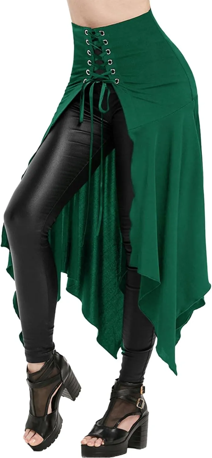 Women's Gothic Skirts Cutout Lace Up Skirt Asymmetrical Goth Skirts High Waist Pleated Skirt High Low Ruffle Skirts