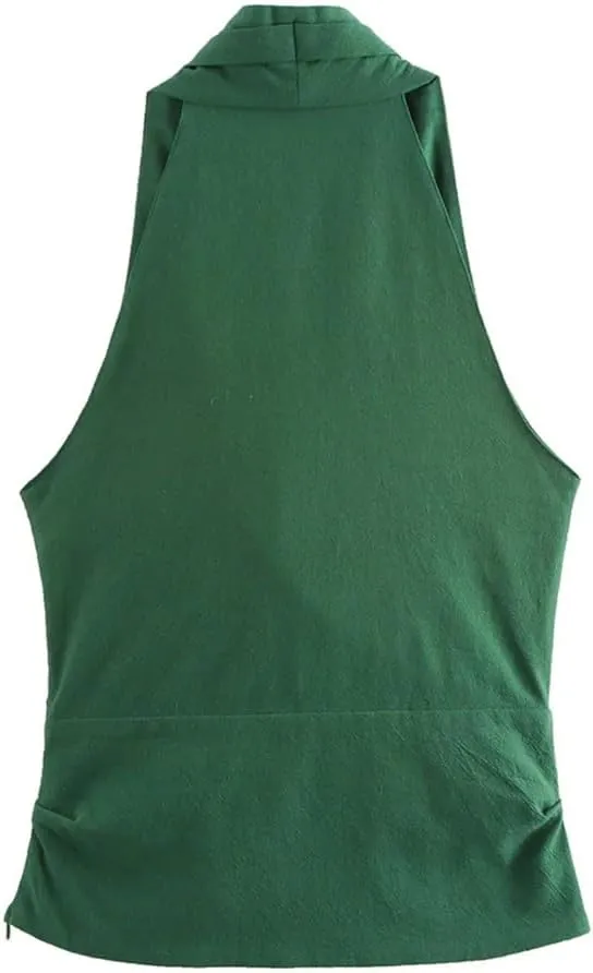 Women's Halters Sleeveless Pleated Top Solid Color Casual Slim Fit Short Style Party Vest