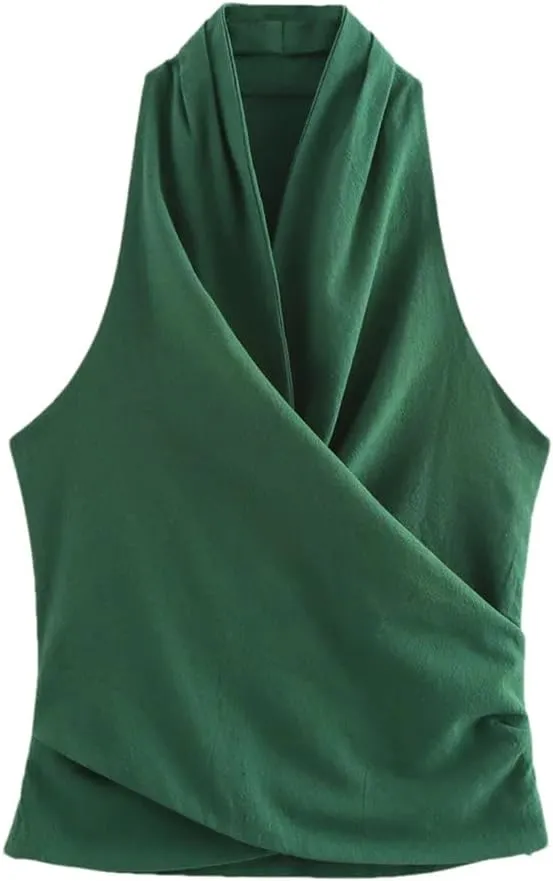 Women's Halters Sleeveless Pleated Top Solid Color Casual Slim Fit Short Style Party Vest