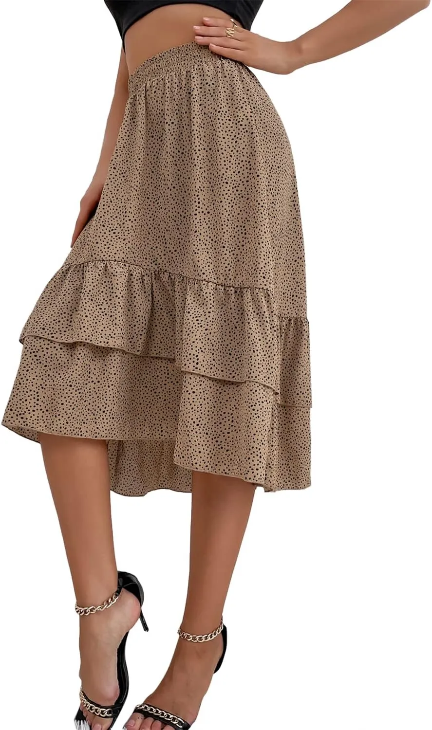 Women's High Waist Floral Ruffled Pleated Skirt Casual Elegant Slim A-line Elastic Waist Sexy Flowy Midi Skirt