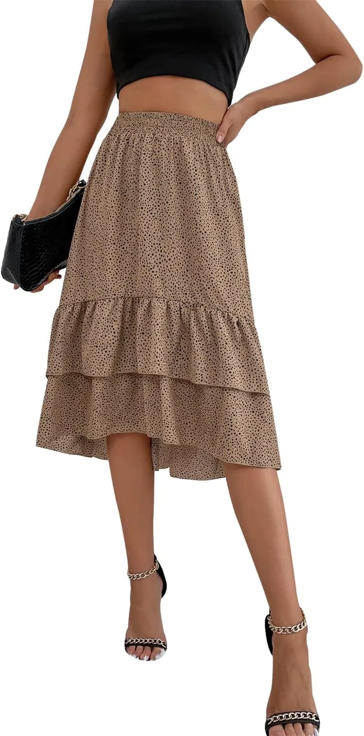 Women's High Waist Floral Ruffled Pleated Skirt Casual Elegant Slim A-line Elastic Waist Sexy Flowy Midi Skirt