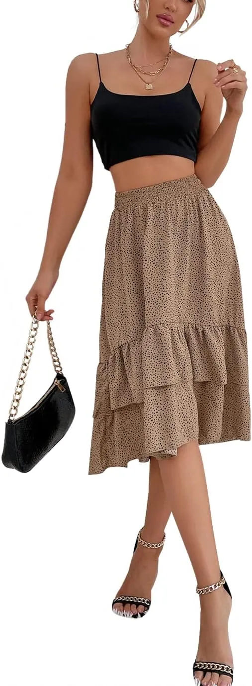 Women's High Waist Floral Ruffled Pleated Skirt Casual Elegant Slim A-line Elastic Waist Sexy Flowy Midi Skirt