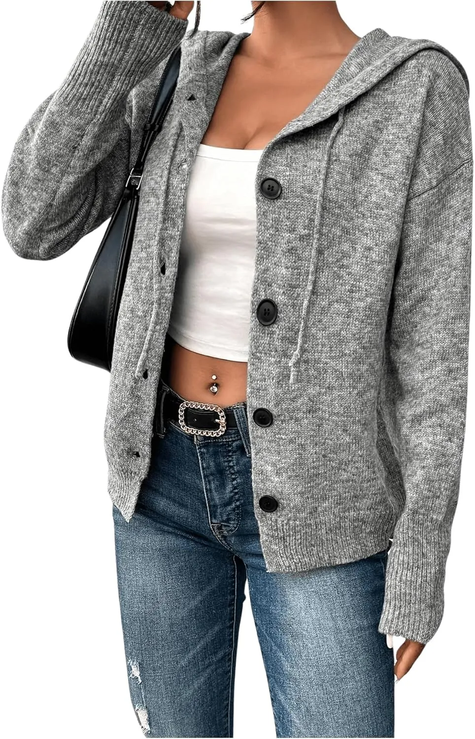 Women's Hooded Cardigan Sweater Long Sleeve Button Front Ribbed Knit Jacket Cardigan Trendy