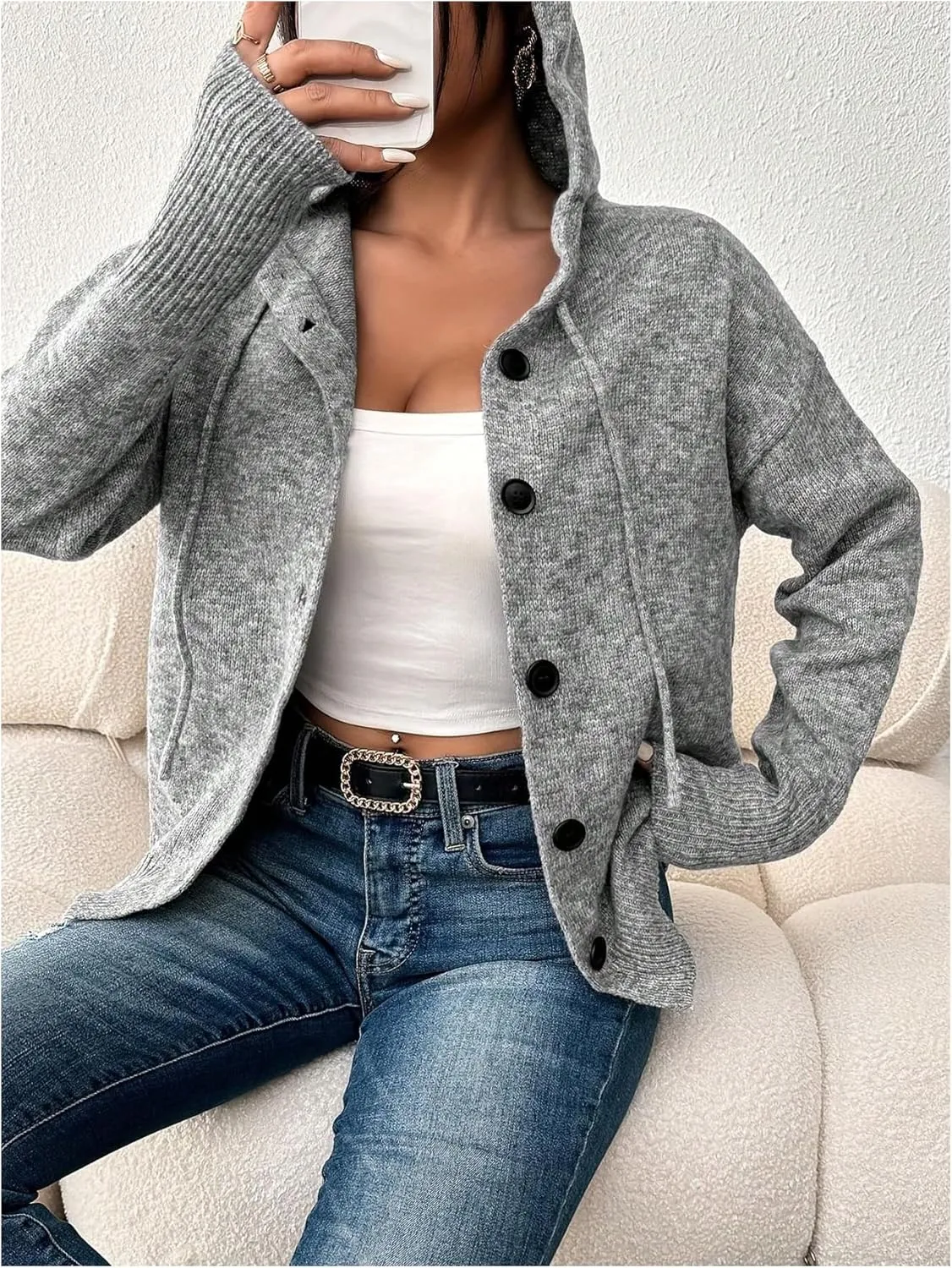 Women's Hooded Cardigan Sweater Long Sleeve Button Front Ribbed Knit Jacket Cardigan Trendy