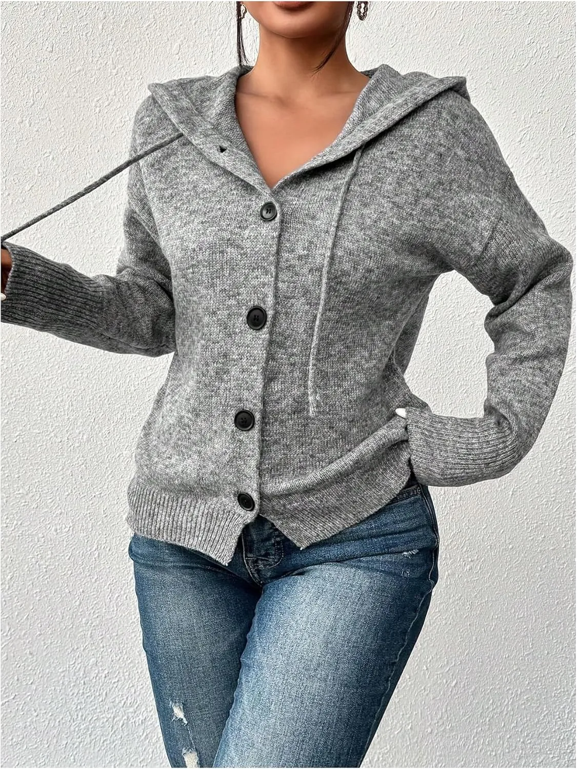 Women's Hooded Cardigan Sweater Long Sleeve Button Front Ribbed Knit Jacket Cardigan Trendy