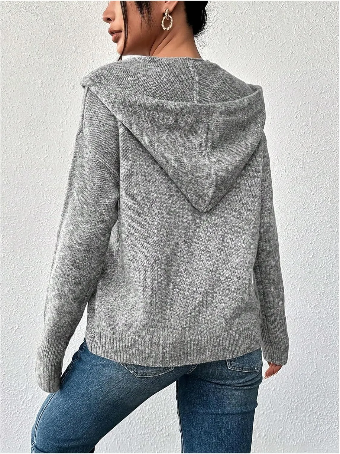 Women's Hooded Cardigan Sweater Long Sleeve Button Front Ribbed Knit Jacket Cardigan Trendy