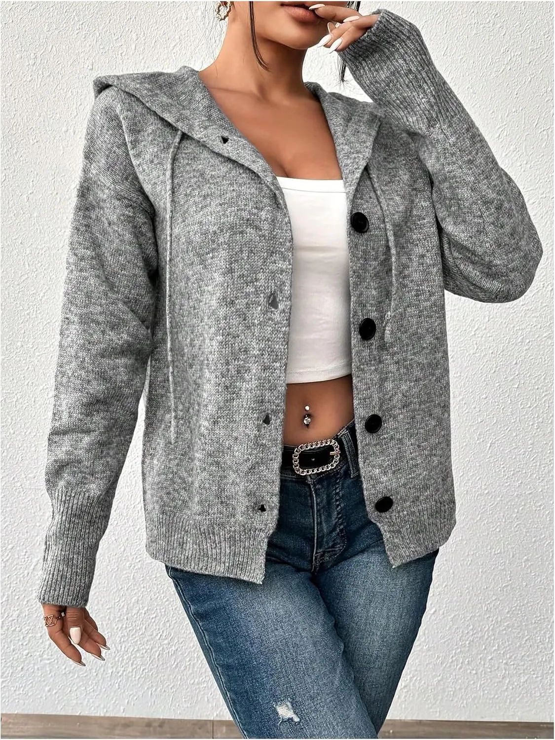 Women's Hooded Cardigan Sweater Long Sleeve Button Front Ribbed Knit Jacket Cardigan Trendy